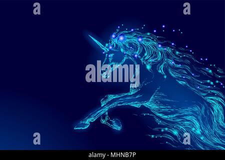 Lumineux bleu ciel de nuit cheval équitation unicorn star. Décoration créative toile magique espace cosmos brillant mythe fée corne clair de lune fantasy background vector illustration Illustration de Vecteur