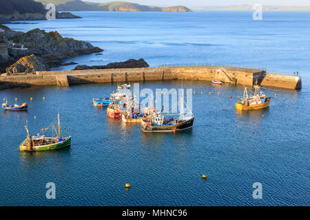 Les bateaux de pêche amarrés à Mevagissey avant-port dans la soirée Banque D'Images