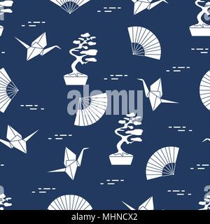 Modèle intégré de bonsaï, origami grues de papier, fans. Voyages et loisirs. Éléments de conception traditionnelle du Japon. Illustration de Vecteur