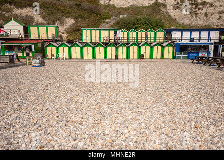 Une rangée de fraîchement peint en bois traditionnelles cabanes de plage au bas de falaises de craie blanche en face de la plage de galets de Beer, Devon, UK. Banque D'Images