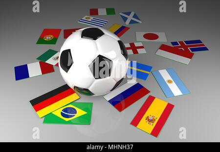 Ballon de soccer avec différents drapeaux, concours mondial de soccer, 3d renderring Banque D'Images