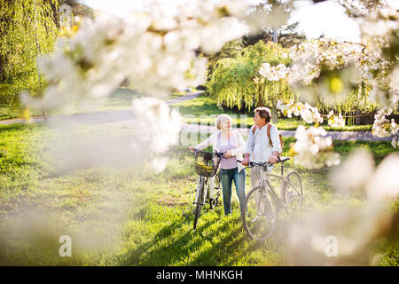 Beau couple avec des bicyclettes à l'extérieur au printemps la nature. Banque D'Images