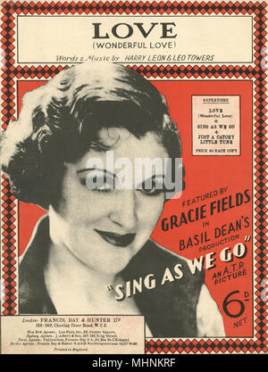 'Amour' par Harry Leon et Leo Towers - Feuille de musique couvrir.Vintage 1934 en vedette Par Gracie Fields dans Basil Dean's production "Chanter comme nous le rendez-vous". Une illustration avec une photo de Gracie Fields, imprimé en Angleterre. Date : vers 1934 Banque D'Images