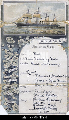 Carte de menu, Arawa steamship, Shaw, Savill &AMP ; Albion Co Ltd -- dîner à 18h. Date : fin du 19e siècle Banque D'Images