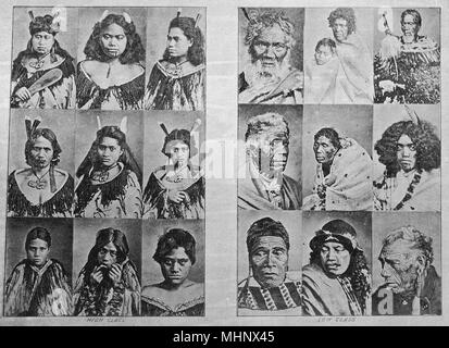 Portraits de types maoris (Nouvelle-Zélande), décrit comme High Class sur la gauche et sur la droite de la classe faible. Date : vers 1900 Banque D'Images