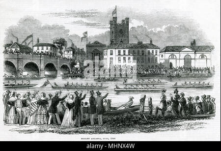 Événement annuel sur la Tamise, montrant des foules de gens regardant les rameurs en passant, créé en 1839, date : Juin 1844 Banque D'Images