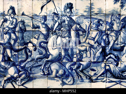 Alexandre le grand roi de Macédoine 336-323 av. La lutte contre les Perses 1745 18e siècle. Azulejo portugais - carreaux de mur bleu, le Portugal ( La bataille de Gaugamela également appelé la Bataille d'Érié fut la bataille décisive de l'invasion d'Alexandre le Grand de l'Empire achéménide de Perse. En 331 avant J.C. ) Banque D'Images