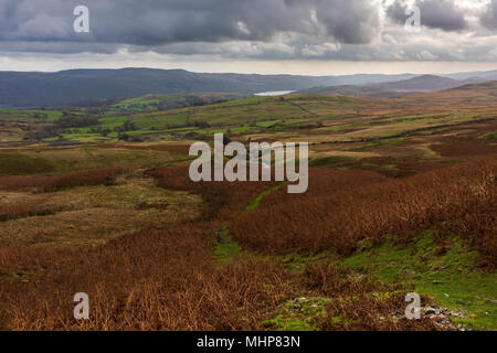 La vue à partir de la cicatrice Walna Road en direction de l'eau dans le Coniston Parc National de Lake District, Cumbria, Angleterre. Banque D'Images