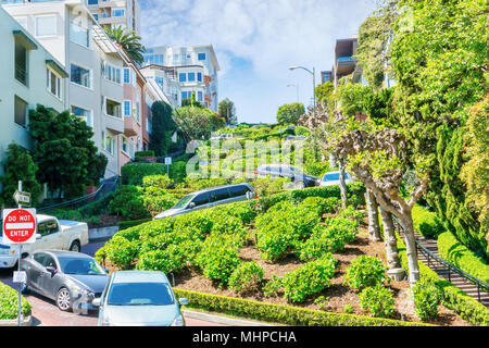 San Francisco Lombard Street, célèbre pour ses pentes, un pâté de 8 virages en épingle surnommée la rue la plus sinueuse au monde. Il est l'un des principaux attr Banque D'Images