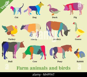 Jeu de mosaïque colorée vecteur d'animaux de ferme et les oiseaux ( Chien, chat, vache, Turquie, âne, cochon, lapin, oie, mouton, canard, Bull) silhouettes isolées sur Illustration de Vecteur