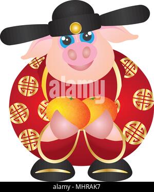 2019 Joyeux Nouvel An Chinois du cochon à la prospérité de l'argent Dieu Holding Mandarines illustration isolé sur fond blanc Illustration de Vecteur