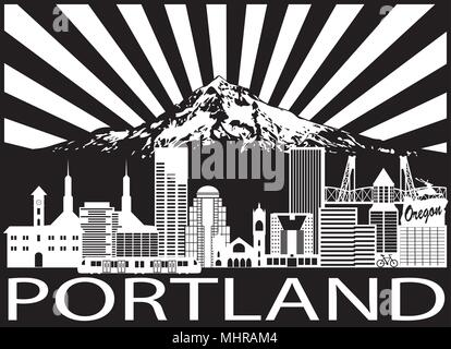 Portland Oregon Contours Silhouette aux toits de la ville de Mount Hood Rayons de Soleil noir isolé sur fond blanc Illustration Illustration de Vecteur