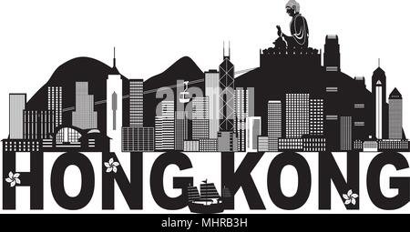 Hong Kong City Skyline et statue du Grand Bouddha Noir Panorama texte abstrait illustration isolé sur fond blanc Illustration de Vecteur