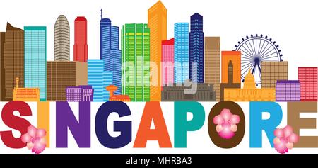 Singapore City Skyline Panorama Contour Silhouette Couleur du texte isolé sur fond blanc Illustration Illustration de Vecteur