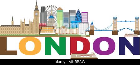 Londres Angleterre Skyline Panorama avec le Tower Bridge et le Palais de Westminster avec texte en couleur Illustration Illustration de Vecteur