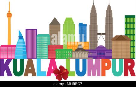Kuala Lumpur Malaisie Ville Texte couleur Fleur Stae Hisbicus illustration isolé sur fond blanc Illustration de Vecteur