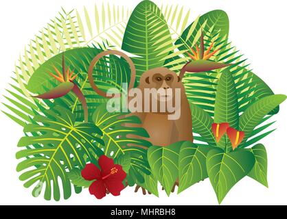 Dans la jungle de la forêt tropicale avec des feuilles des plantes et fleurs Monkey isolé sur fond blanc Illustration Couleur Illustration de Vecteur