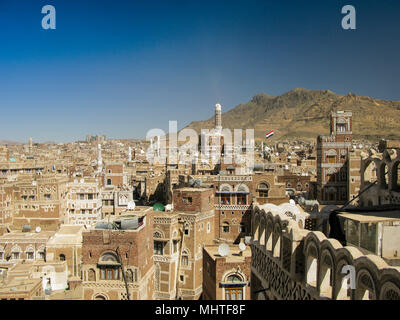 Vue aérienne de la vieille ville de Sanaa, Yémen Banque D'Images