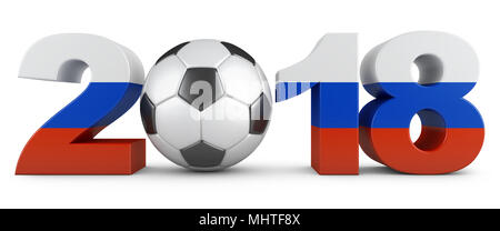 Les chiffres de 2018 volumétrique et un ballon de foot dans les couleurs du drapeau de la Russie. Le rendu 3d. Banque D'Images