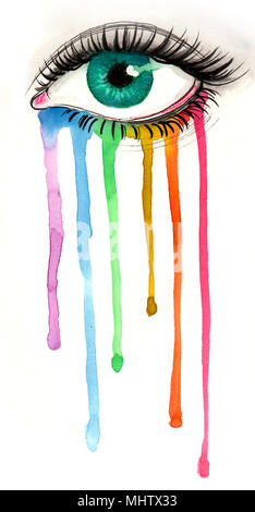 Arc-en-ciel et les yeux de larmes. Encre et aquarelle illustration Banque D'Images
