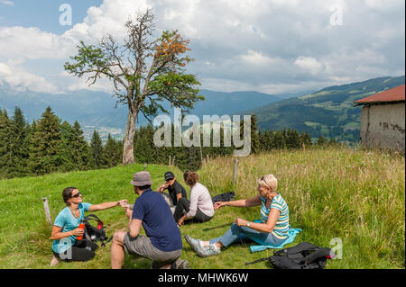 Un groupe de marcheurs se détendre dans la campagne autour de Megève. Haute Savoie. France Banque D'Images