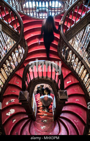 Escalier en bois courbé en bibliothèque, la Livraria Lello & librairie Irmão, Porto, Portugal, Europe Banque D'Images