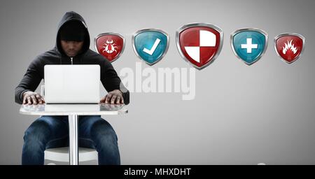 La protection de la sécurité et les protections antivirus scam hacker sur ordinateur portable Banque D'Images