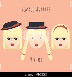 Vector set de filles avec des lunettes, des chapeaux et des lits jumeaux de caractère tresses dans avatars style plat Illustration de Vecteur