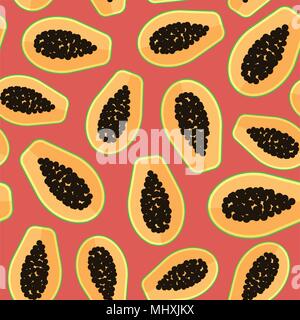 Fruits exotiques de papaye vecteur modèle homogène dans le style plat sur le fond rouge Illustration de Vecteur