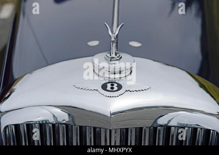 Vieille Bentley Grill et le logo avec les ailes sur capot de voiture en chrome Banque D'Images