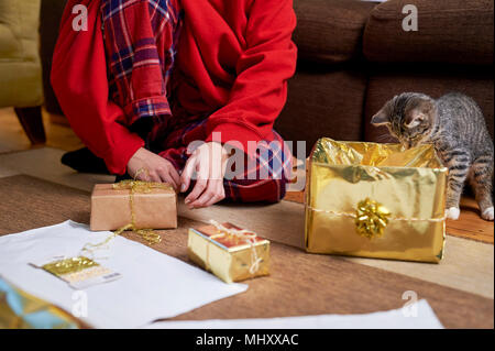 Jeune femme assise sur le plancher du salon cadeaux avec chat curieux, vue vers le bas du cou Banque D'Images