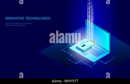 Verrou de sécurité internet isométrique concept d'entreprise. Rougeoyant bleu connexion de données d'information personnelle isométrique smartphone pc technologie de l'avenir. Vector illustration infographie 3D Illustration de Vecteur