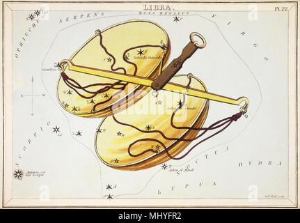 La balance. Numéro de carte à partir de 22 Hotel Kashyap, miroir ou d'une vue sur le ciel, l'un d'un jeu de 32 cartes carte des étoiles astronomique gravée par Sidney Hall et publshed 1824. Banque D'Images