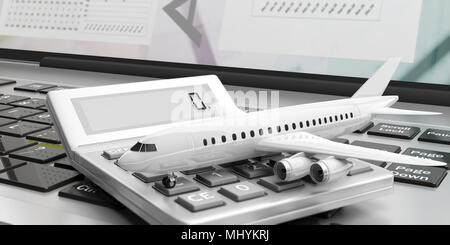 Calcul des coûts de voyage et de réservation en ligne. Avion et une calculatrice sur un clavier d'ordinateur. 3d illustration Banque D'Images