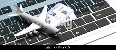 Réservation en ligne et l'arrivée. Avion et deux cartes d'embarquement, sur le clavier de l'ordinateur. 3d illustration Banque D'Images