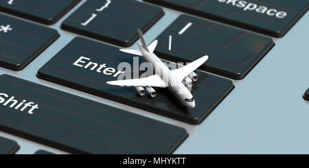 Réservation en ligne. Avion isolé sur un clavier d'ordinateur, vue ci-dessus. 3d illustration Banque D'Images
