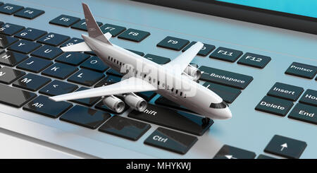 Réservation en ligne. Avion isolé sur un clavier d'ordinateur, vue ci-dessus. 3d illustration Banque D'Images