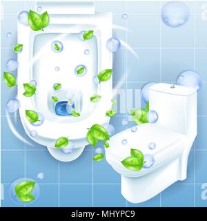 Toilettes réaliste immersive. Feuilles vertes concept fraîcheur. Toilettes blanc en 3D de vecteur illustration. Illustration de Vecteur