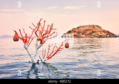 La main de décoration de citrouille d'eau (gourde calebasse) lampes suspendu à un arbre dans la mer au lever du soleil et l'île de lapin à Gumusluk, Bodrum, Turquie Banque D'Images