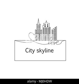 Silhouette de la ville et le cœur et l'amour dans les lignes de tracé continu dans un style. Paysage urbain moderne. Illustrations vectorielles. Gratte-ciel immeuble bureau horizon.dessin de ligne continue Illustration de Vecteur