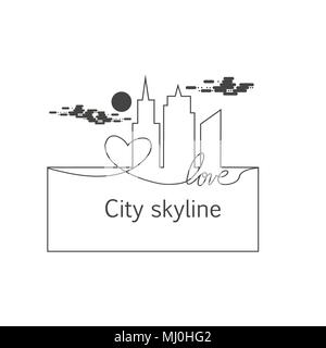 Silhouette de la ville et le cœur et l'amour et de soleil et de nuages à tracé continu des lignes dans un style plat. Paysage urbain moderne. Illustrations vectorielles. Gratte-ciel immeuble bureau horizon.dessin de ligne continue Illustration de Vecteur