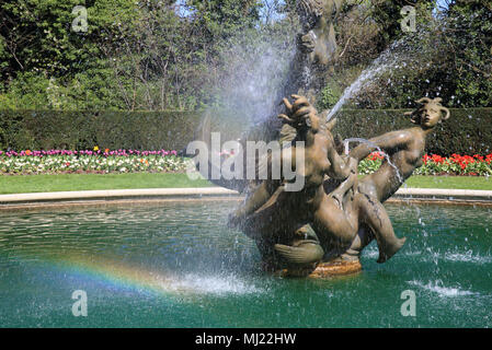 Une fontaine crée un arc-en-ciel dans le soleil du printemps dans la Queen Mary's Gardens, dans Regents Park, à Londres, Angleterre, RU Banque D'Images