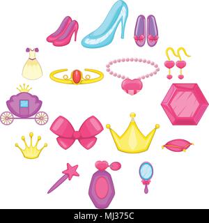 Poupée princesse icons set, cartoon style Illustration de Vecteur