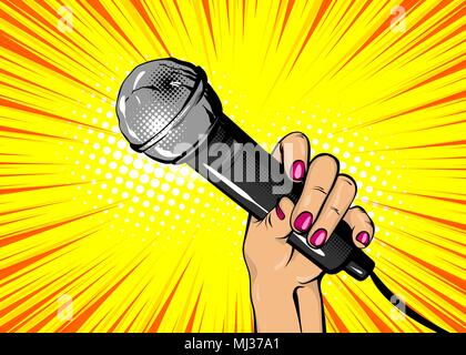 Pop art femme microphone main Illustration de Vecteur