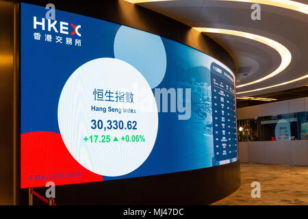 HONG KONG, CHINE - Mai 04, 2018 : l'indice Hang Seng est indiqué sur la carte par la HKEX dans Exchange Square Central Hong Kong. Bourse de Hong Kong. Jayne Russell/ Alamy Live Photo Banque D'Images