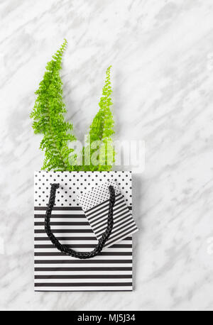 Branches de fougère verte dans un noir et blanc à rayures sac-cadeau, sur fond de marbre. Banque D'Images