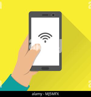 Hand holding phone avec l'icône sans fil à l'écran vector illustration Illustration de Vecteur