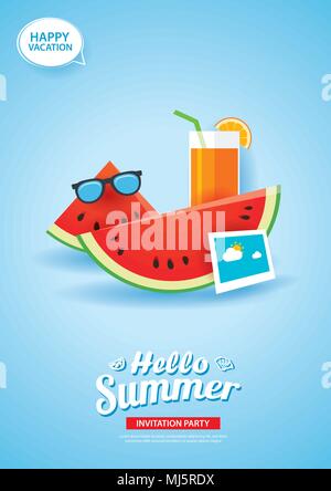 Hello summer card bannière avec le jus d'orange et de melon d'art fond papier. Utilisation pour une affiche, flyer, publicité, brochure, invitation, flyer. Illustration de Vecteur