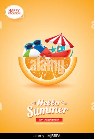 Hello summer card bannière avec un fond orange. Utilisation pour une affiche, flyer, publicité, brochure, invitation, flyer. Illustration de Vecteur