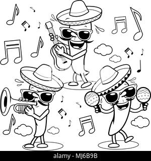 Cartoon poivrons mariachi portant des sombreros et jouer de la musique. Le noir et blanc à colorier l'illustration Illustration de Vecteur